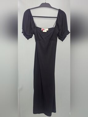 Black Puff-Sleeve Maxi Dress with Square Neckline by